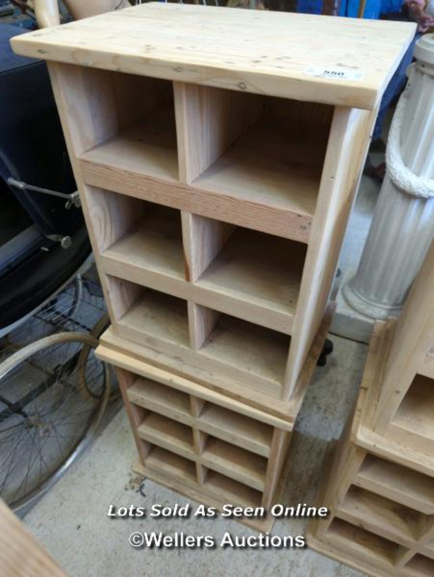 *PAIR OF PINE STORAGE SHELVES WITH SIX COMPARTMENTS, 26 HIGH X 19.5 WIDE X 15 DEEP / ALL LOTS ARE