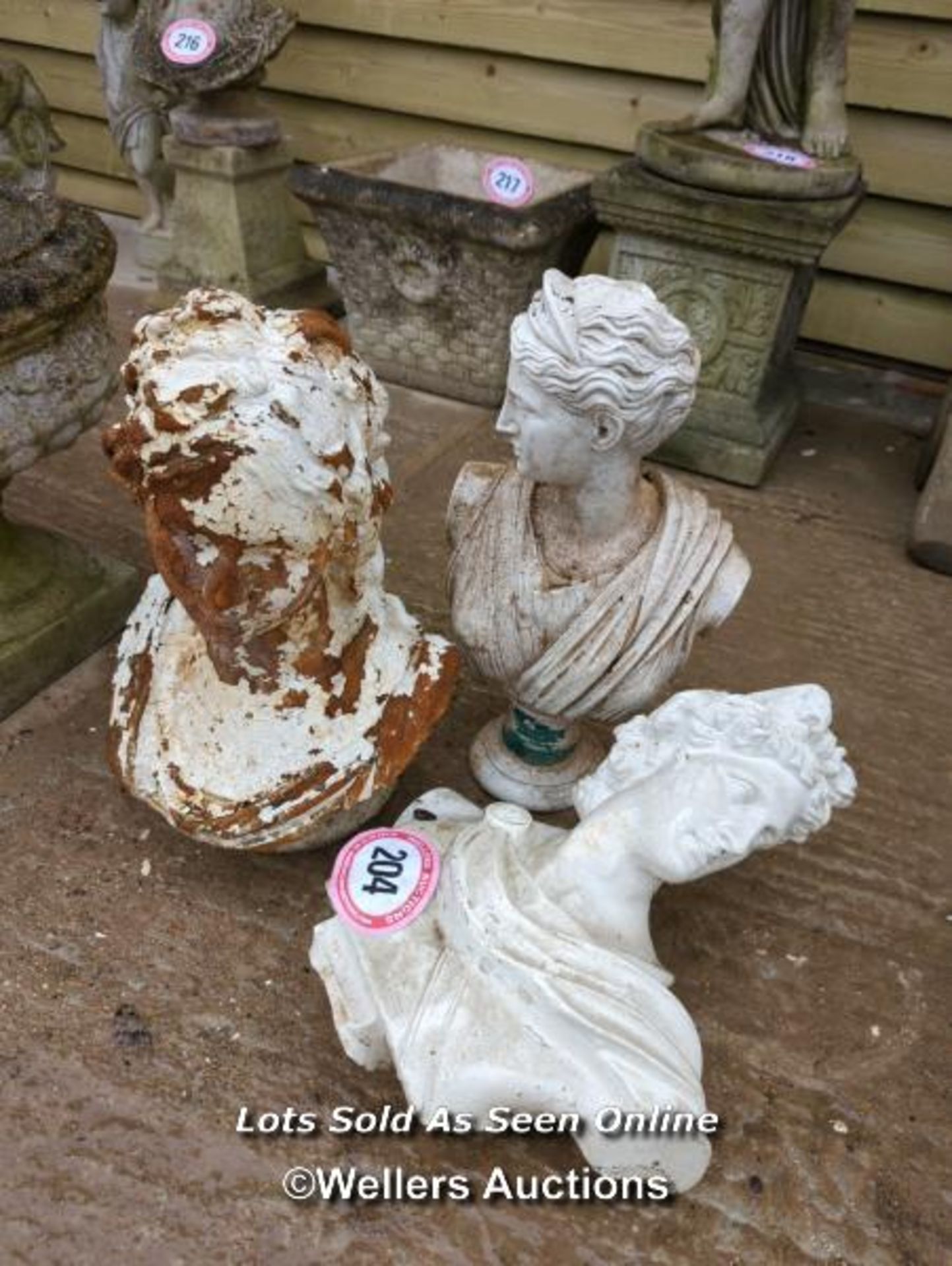 *THREE VARIOUS BUSTS INCLUDING ONE CAST IRON, THE TALLEST 20 INCHES HIGH / ALL LOTS ARE LOCATED AT