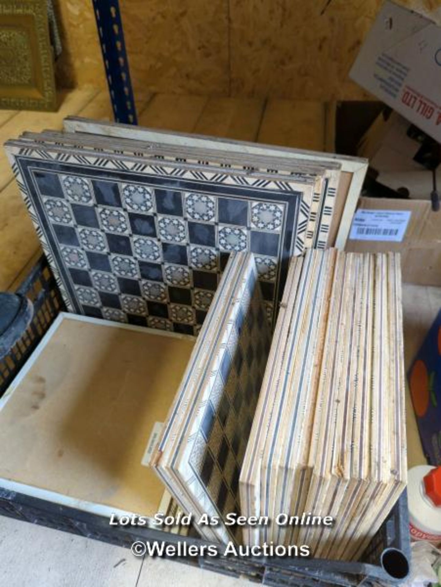 *BOX OF ASSORTED DECORATIVE CHESS BOARDS / ALL LOTS ARE LOCATED AT AUTHENTIC RECLAMATION TN5 7EF