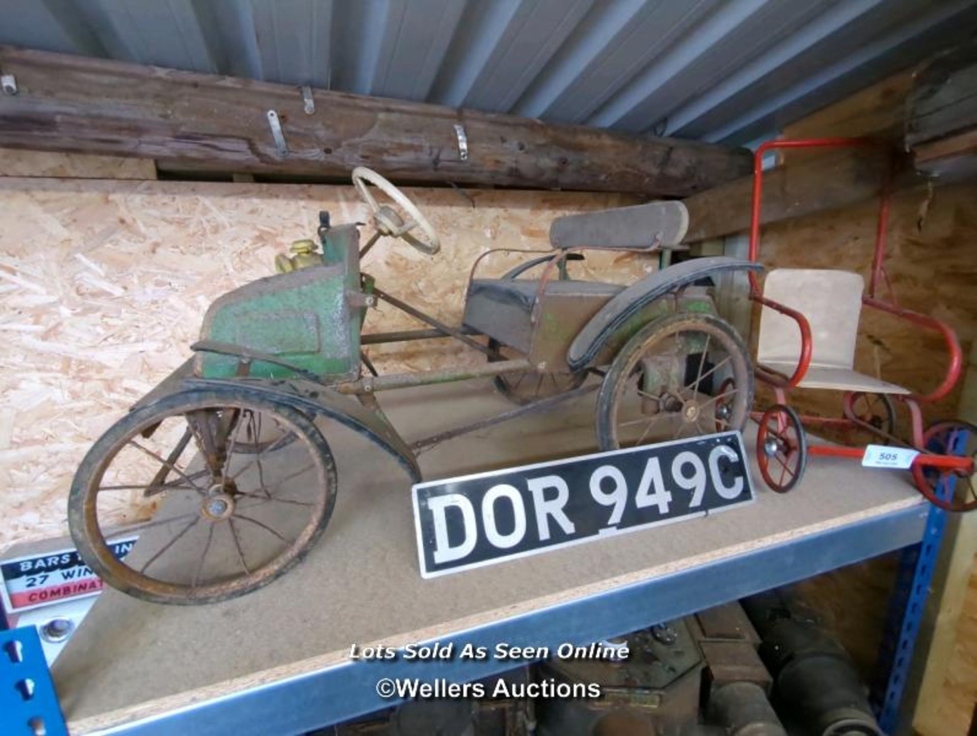 *VINTAGE CHILDRENS CAR, PUSHCHAIR AND NUMBER PLATE / ALL LOTS ARE LOCATED AT AUTHENTIC RECLAMATION