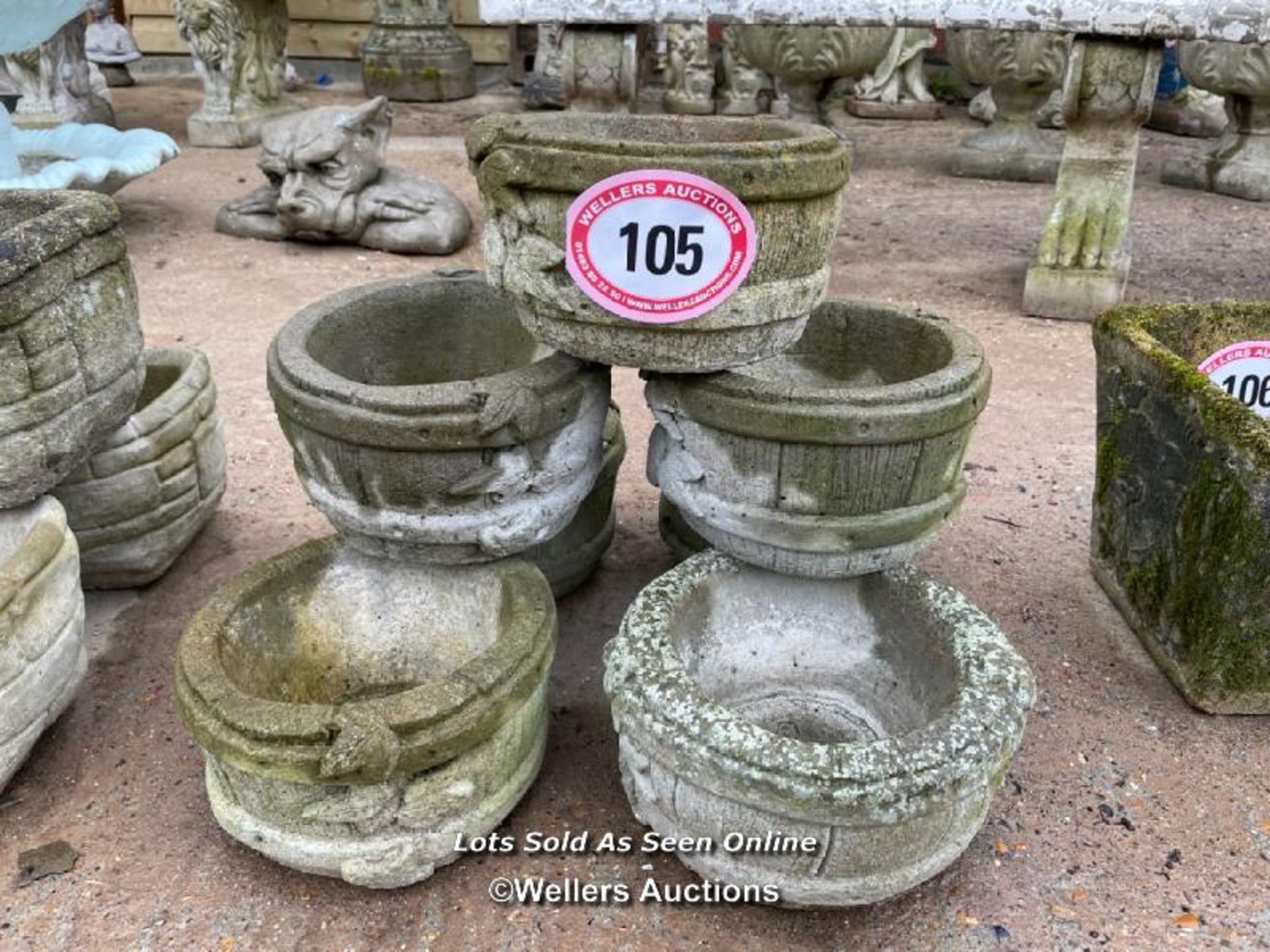 *SEVEN BARREL STYLE PLANTERS, ALL APPROX 5 HIGH X 9 DIAMETER / ALL LOTS ARE LOCATED AT AUTHENTIC