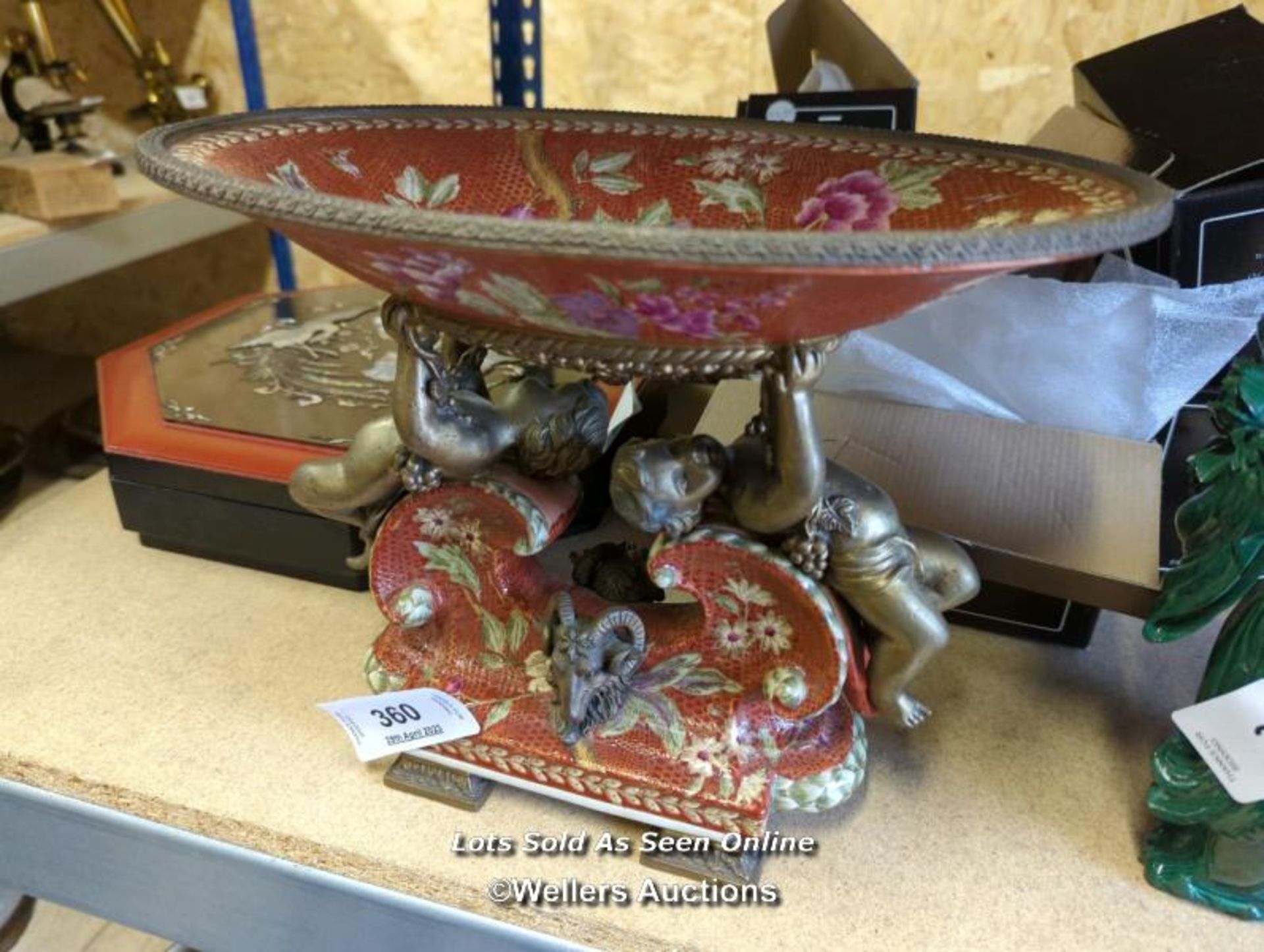 *DECORATIVE CENTERPIECE WITH FLORAL DESIGN, BRASS CHERUBS AND A GOAT / ALL LOTS ARE LOCATED AT