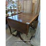 *MAHOGANY DROP LEAF TABLE WITH FOUR DRAWERS AND CASTORS ON FEET, 29.5 HIGH X 58 LONG WITH OPEN LEAFS