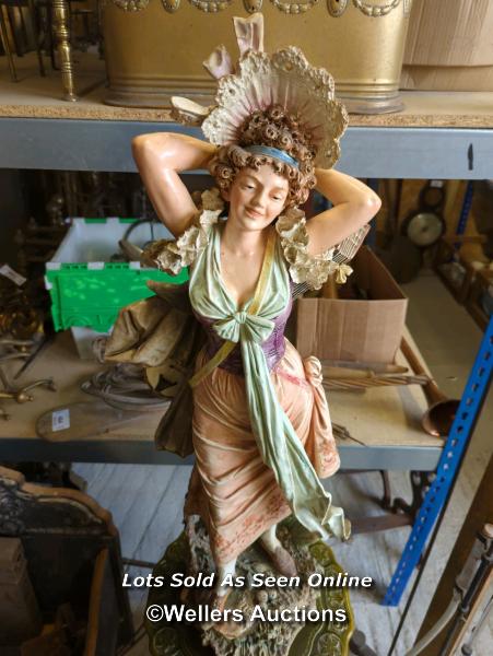 *LARGE STATUE OF A LADY WITH A MANDOLIN ON A PLINTH, LADY 36 INCHES HIGH, PLINTH 21 INCHES HIGH / - Image 2 of 4