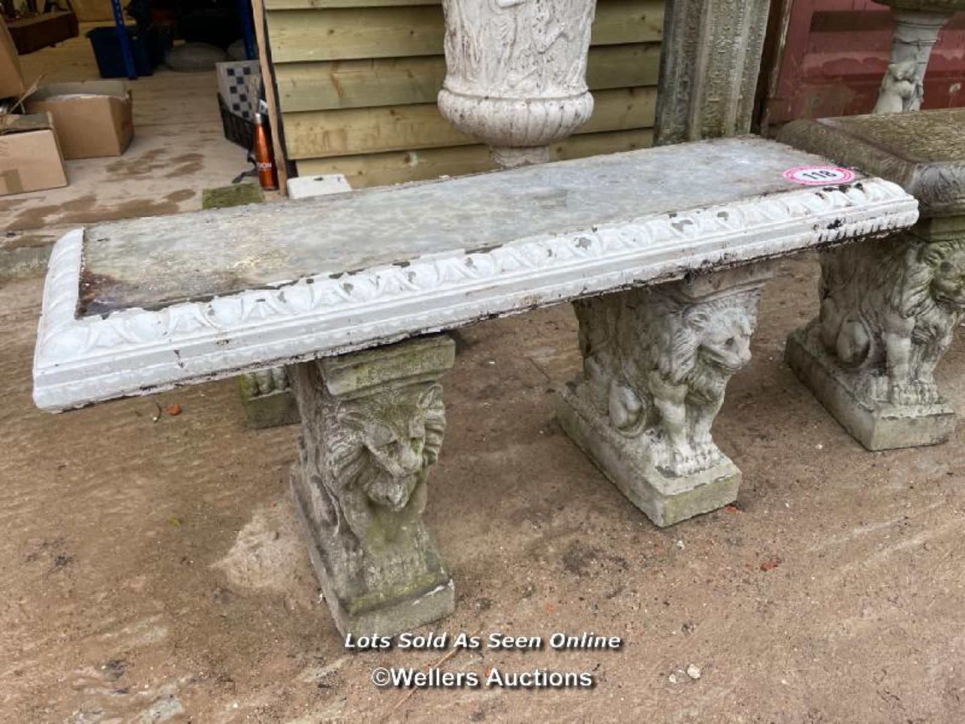*STONE GARDEN BENCH ON LION BASE, 22 HIGH X 45 WIDE X 14 DEEP / ALL LOTS ARE LOCATED AT AUTHENTIC