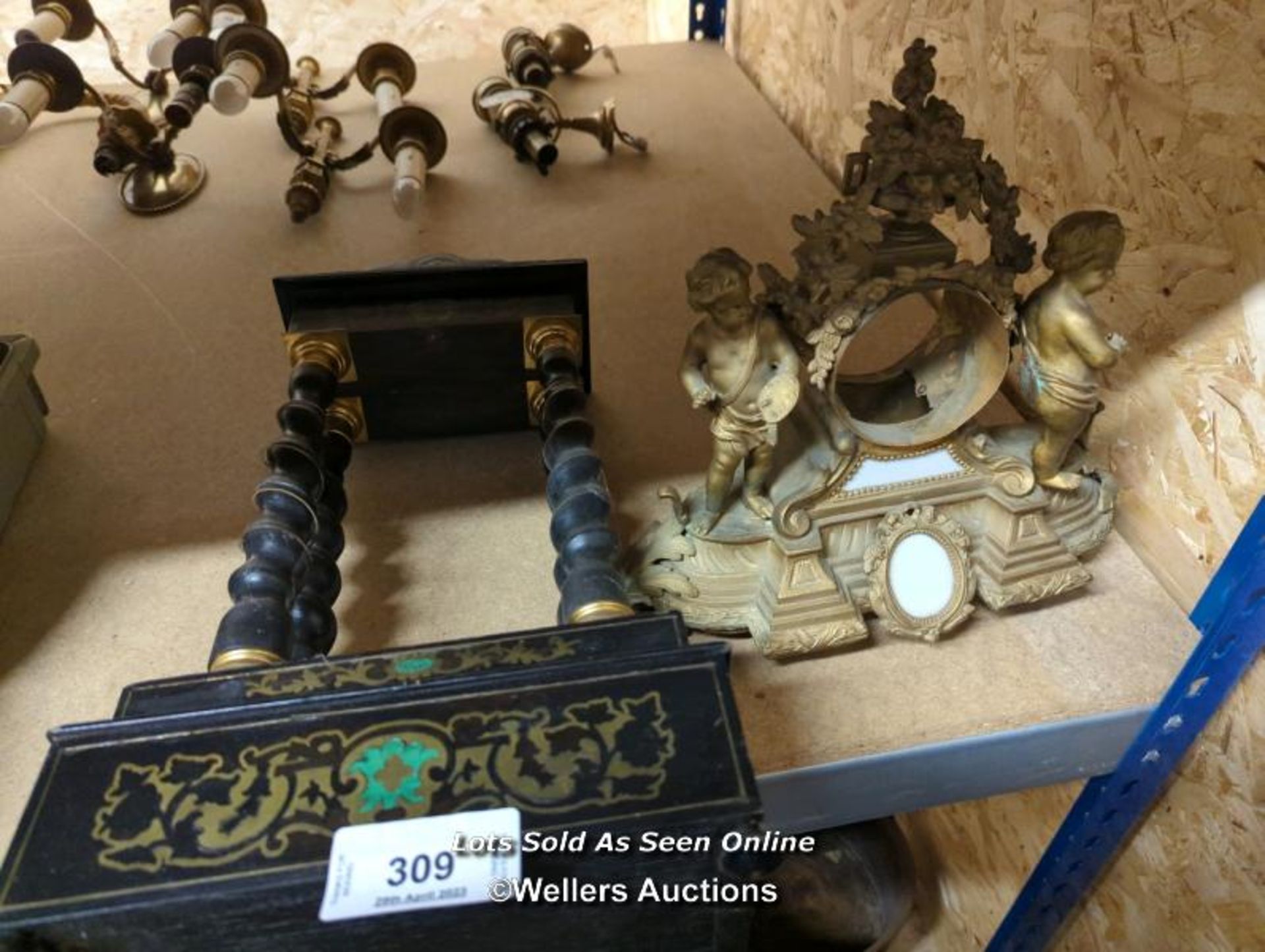 *WOODEN ORNAMENTAL STAND, 22 INCHES HIGH, TOGETHER WITH A BRASS MANTEL CLOCK CASE / ALL LOTS ARE