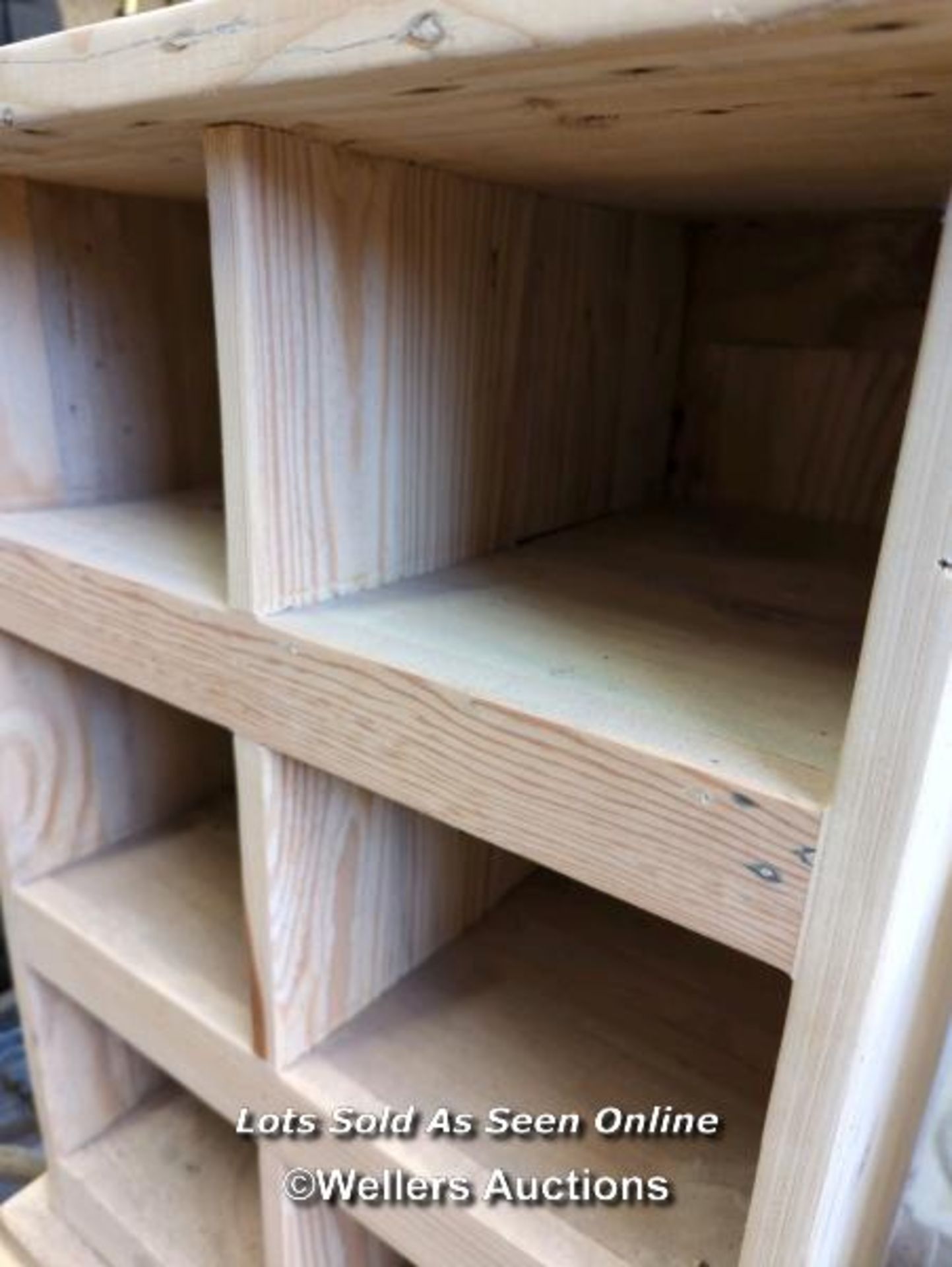 *PAIR OF PINE STORAGE SHELVES WITH SIX COMPARTMENTS, 26 HIGH X 19.5 WIDE X 15 DEEP / ALL LOTS ARE - Image 3 of 3