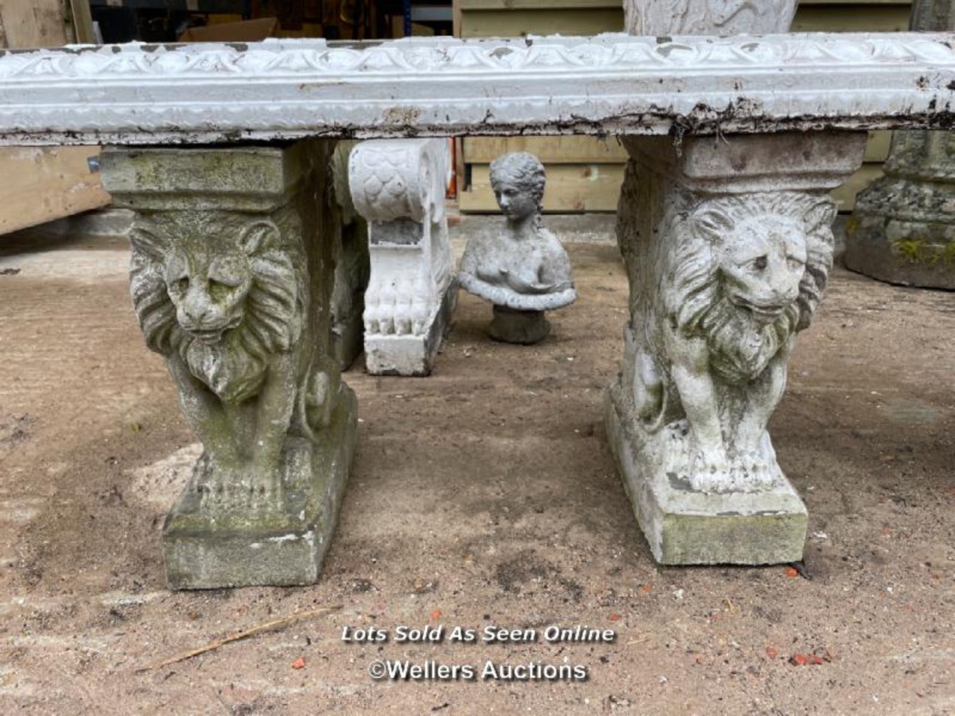 *STONE GARDEN BENCH ON LION BASE, 22 HIGH X 45 WIDE X 14 DEEP / ALL LOTS ARE LOCATED AT AUTHENTIC - Image 2 of 3