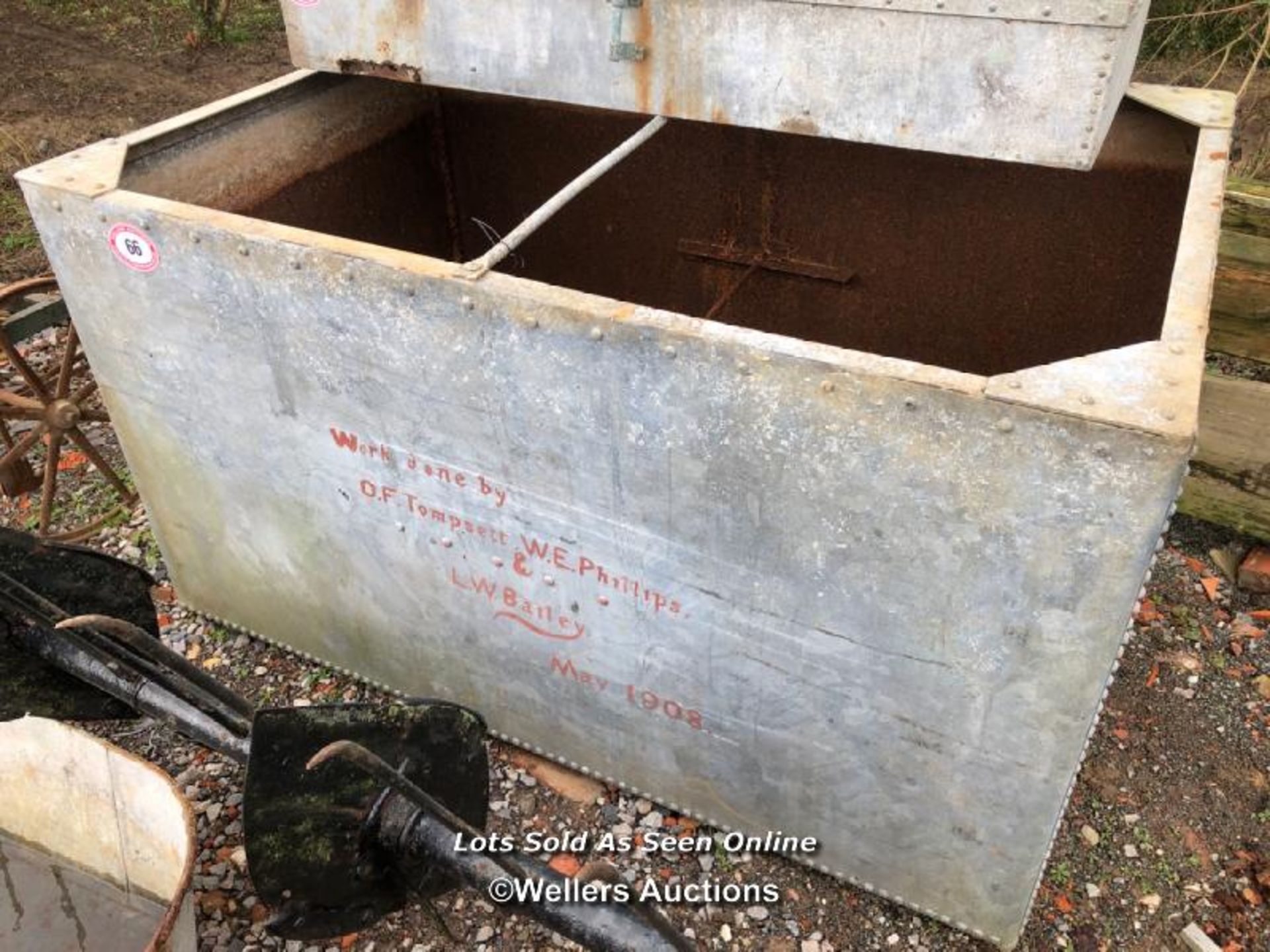 *1908 GALVANISED TROUGH, 40 HIGH X 71 LONG X 48 DEEP / ALL LOTS ARE LOCATED AT AUTHENTIC RECLAMATION