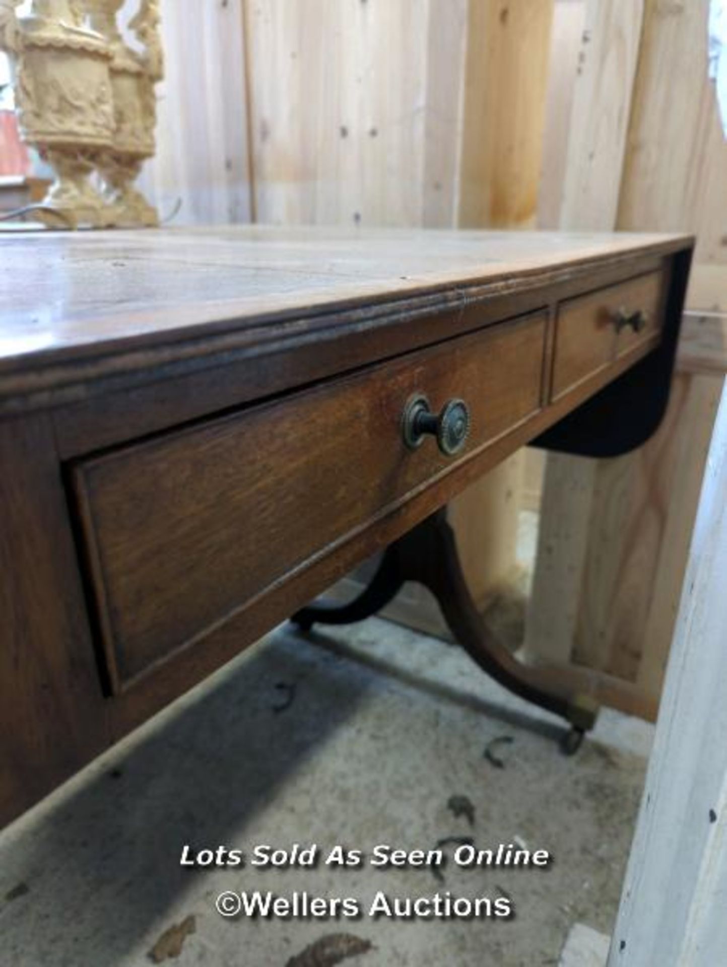 *MAHOGANY DROP LEAF TABLE WITH FOUR DRAWERS AND CASTORS ON FEET, 29.5 HIGH X 58 LONG WITH OPEN LEAFS - Image 2 of 4