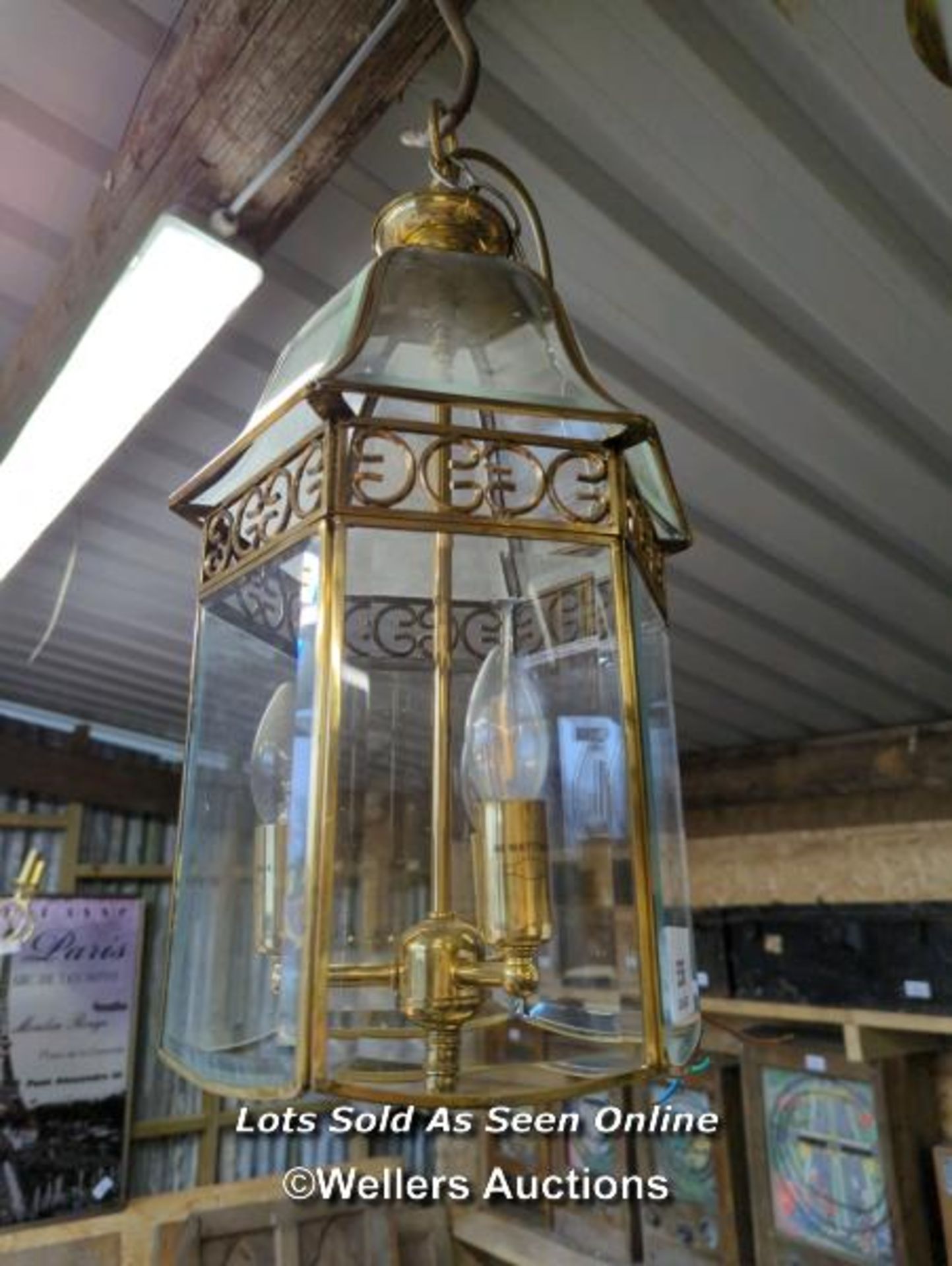 *CEILING LANTERN WITH THREE LIGHTS, 22 INCHES HIGH / ALL LOTS ARE LOCATED AT AUTHENTIC RECLAMATION
