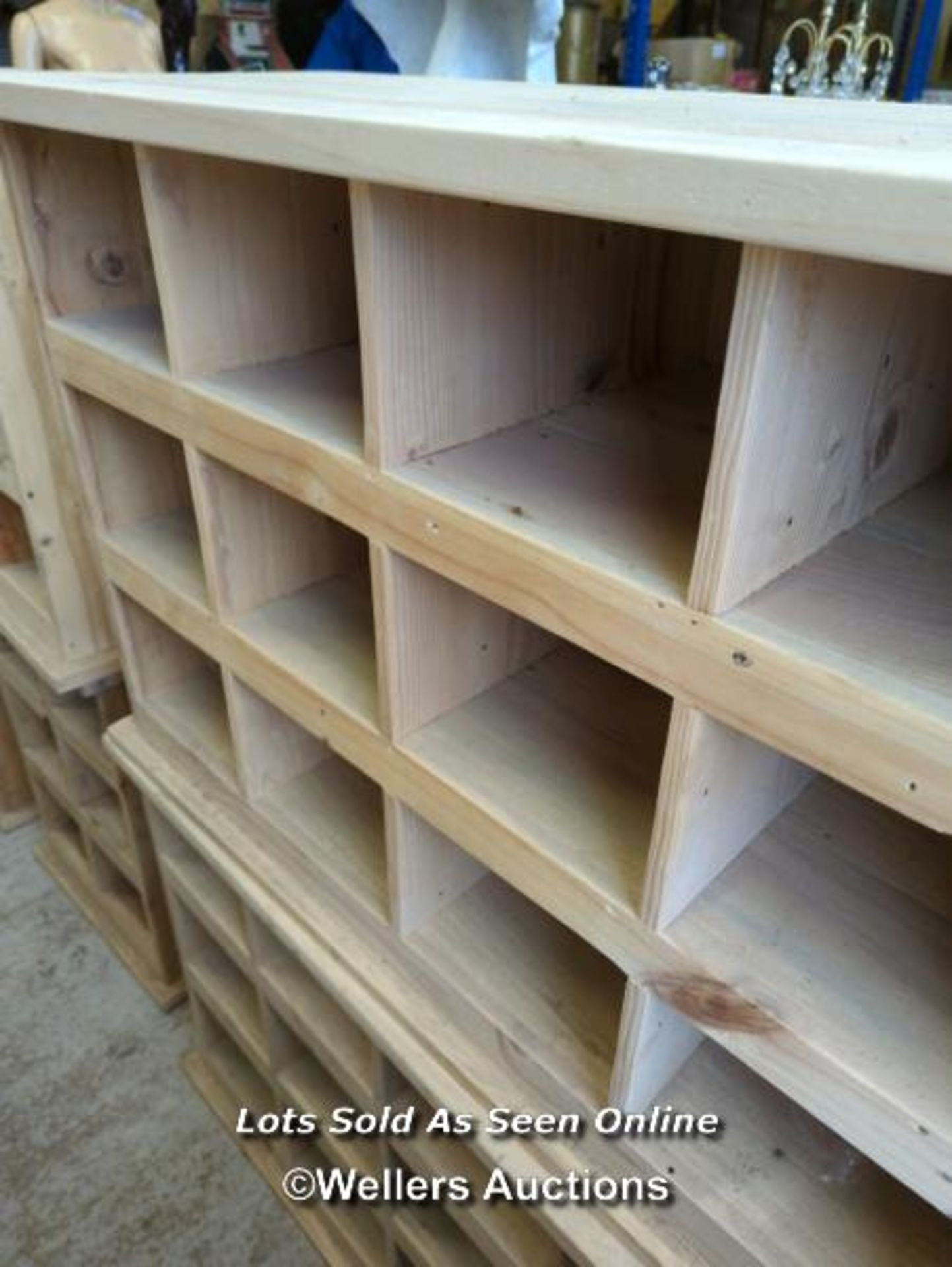 *PAIR OF PINE STORAGE SHELVES WITH TWELVE COMPARTMENTS, 26 HIGH X 38 WIDE X 15 DEEP / ALL LOTS ARE - Image 2 of 2