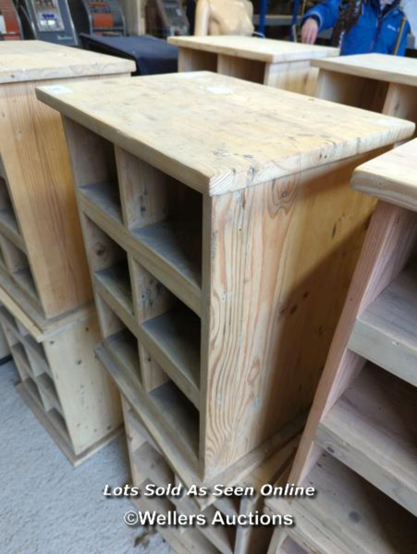 *PAIR OF PINE STORAGE SHELVES WITH SIX COMPARTMENTS, 26 HIGH X 19.5 WIDE X 15 DEEP / ALL LOTS ARE - Image 2 of 2