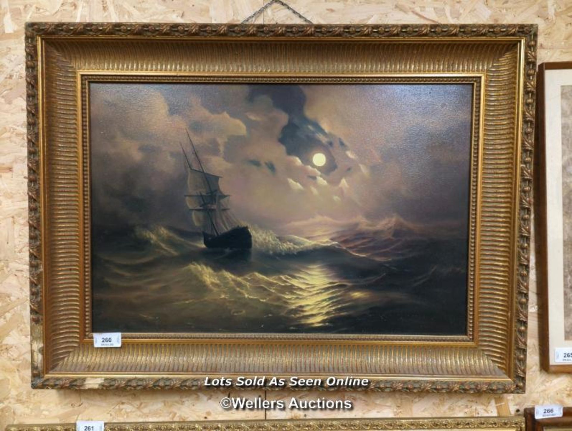 *LARGE FRAMED PAINTING OF A GALLEON AT SEA, 44 X 32 / ALL LOTS ARE LOCATED AT AUTHENTIC