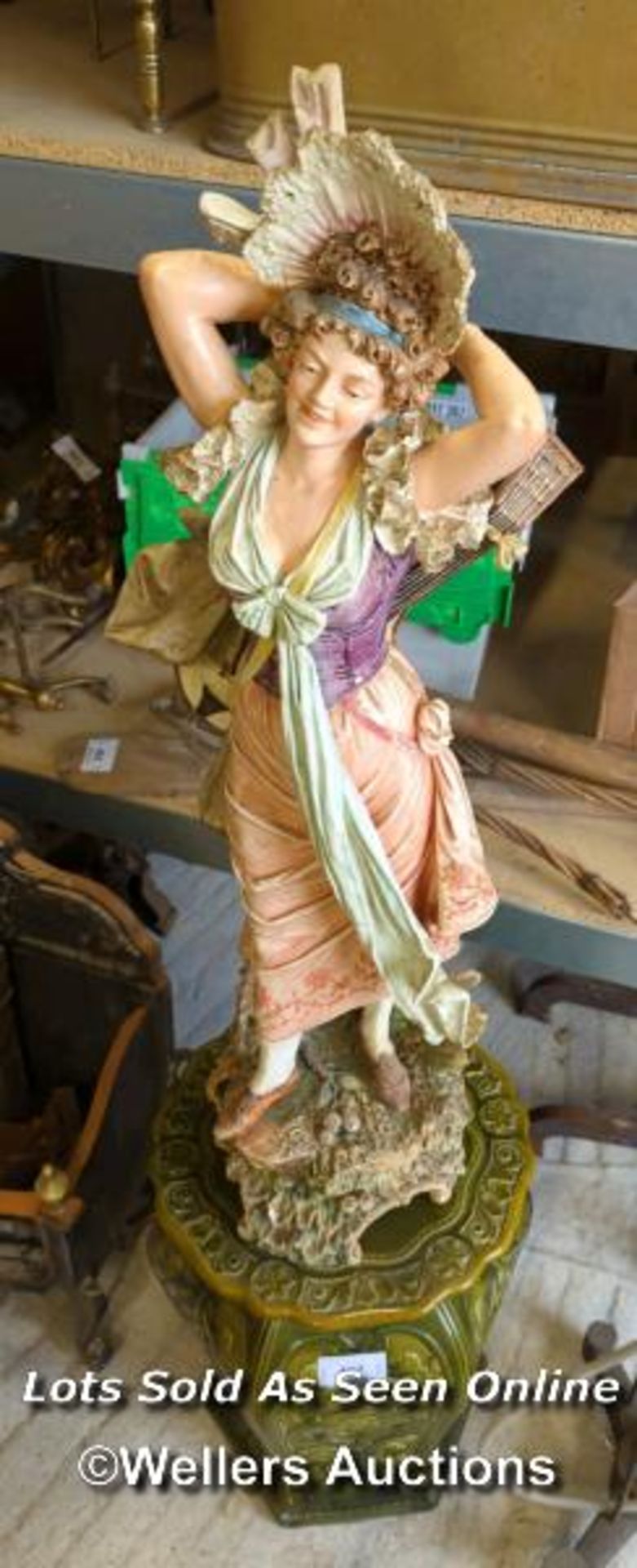 *LARGE STATUE OF A LADY WITH A MANDOLIN ON A PLINTH, LADY 36 INCHES HIGH, PLINTH 21 INCHES HIGH /