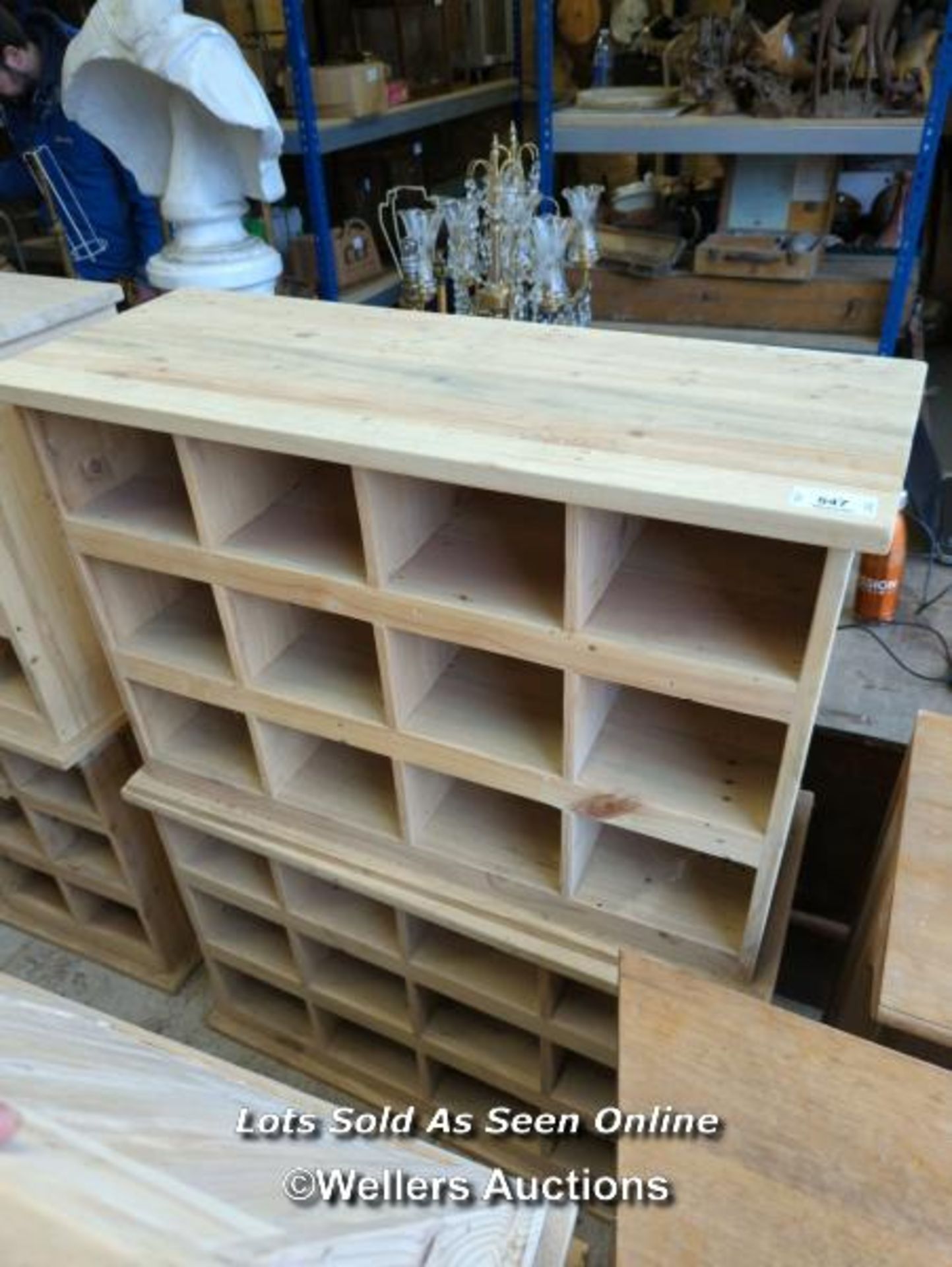 *PAIR OF PINE STORAGE SHELVES WITH TWELVE COMPARTMENTS, 26 HIGH X 38 WIDE X 15 DEEP / ALL LOTS ARE