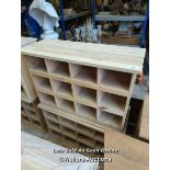 *PAIR OF PINE STORAGE SHELVES WITH TWELVE COMPARTMENTS, 26 HIGH X 38 WIDE X 15 DEEP / ALL LOTS ARE