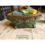 *MAJOLICA GAME PIE TUREEN AND COVER DECORATED WITH RABBIT, MALLARD, AND PIGEON TOGETHER WITH A