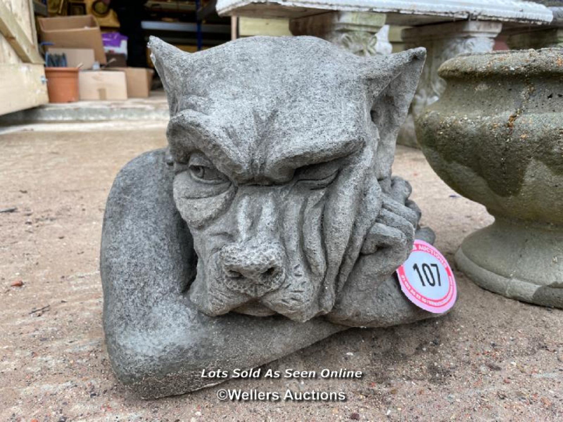 *CONCRETE BUST OF A GARGOYLE, VERY HEAVY, 13 HIGH X 12 WIDE X 12 DEEP / ALL LOTS ARE LOCATED AT