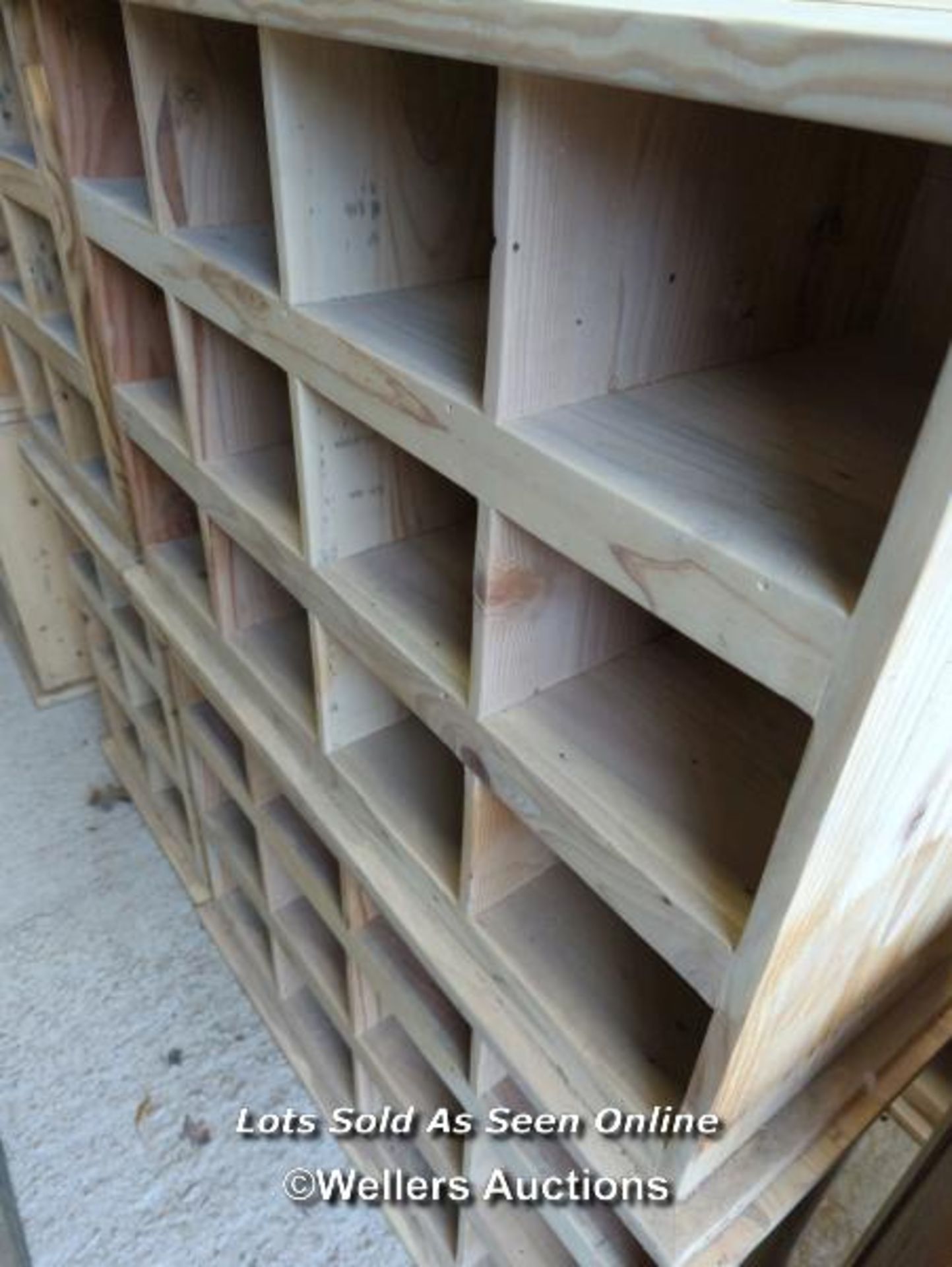 *PAIR OF PINE STORAGE SHELVES WITH TWELVE COMPARTMENTS, 26 HIGH X 38 WIDE X 15 DEEP / ALL LOTS ARE - Image 2 of 3