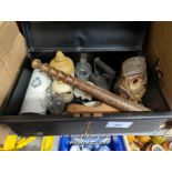 *METAL TRUNK OF VINTAGE SMALLS INCLUDING IRON, OWL CANDLE HOLDER, TRUNCHEON, CONTAINERS, ETC. /