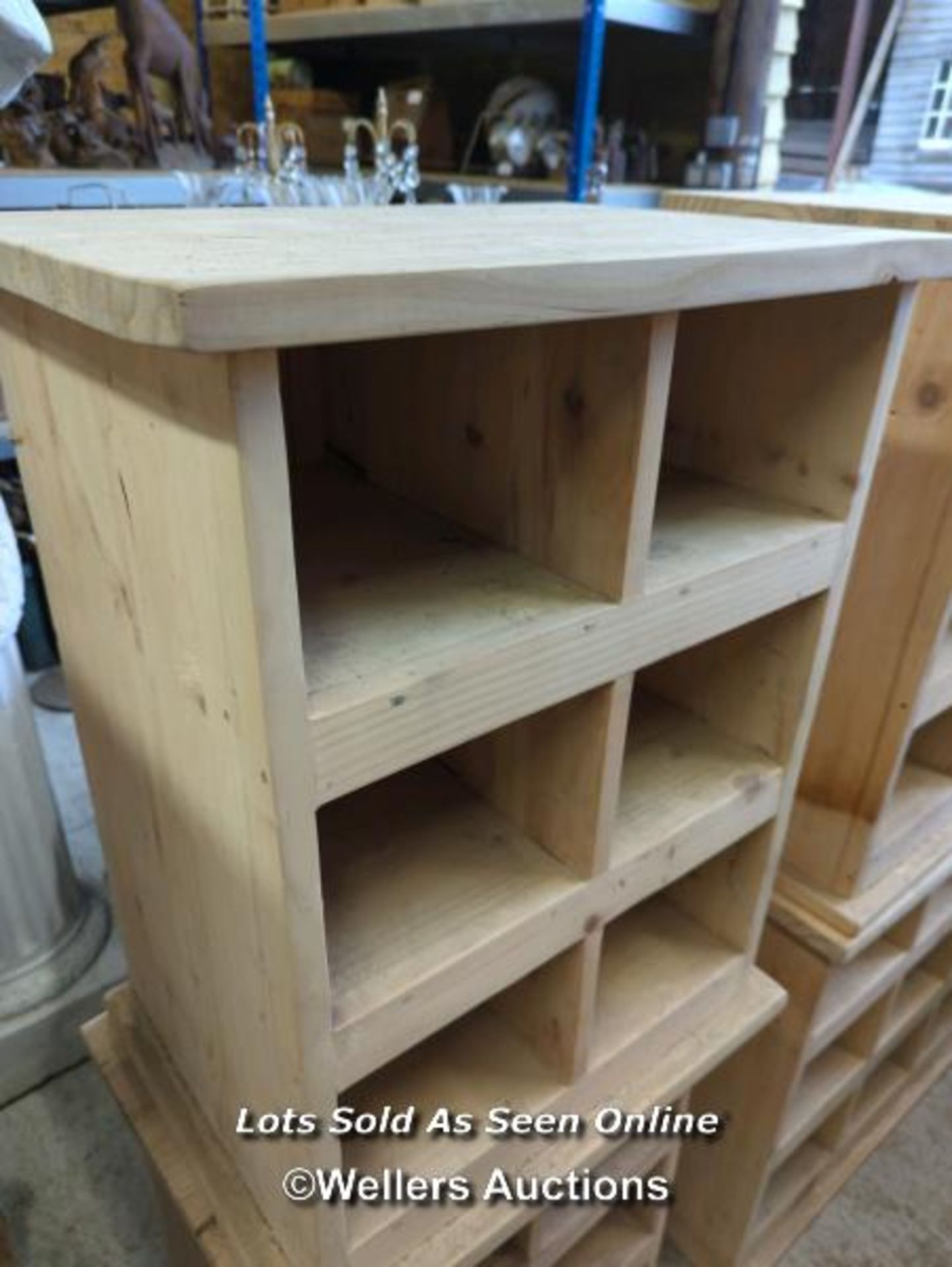 *PAIR OF PINE STORAGE SHELVES WITH SIX COMPARTMENTS, 26 HIGH X 19.5 WIDE X 15 DEEP / ALL LOTS ARE - Image 3 of 3