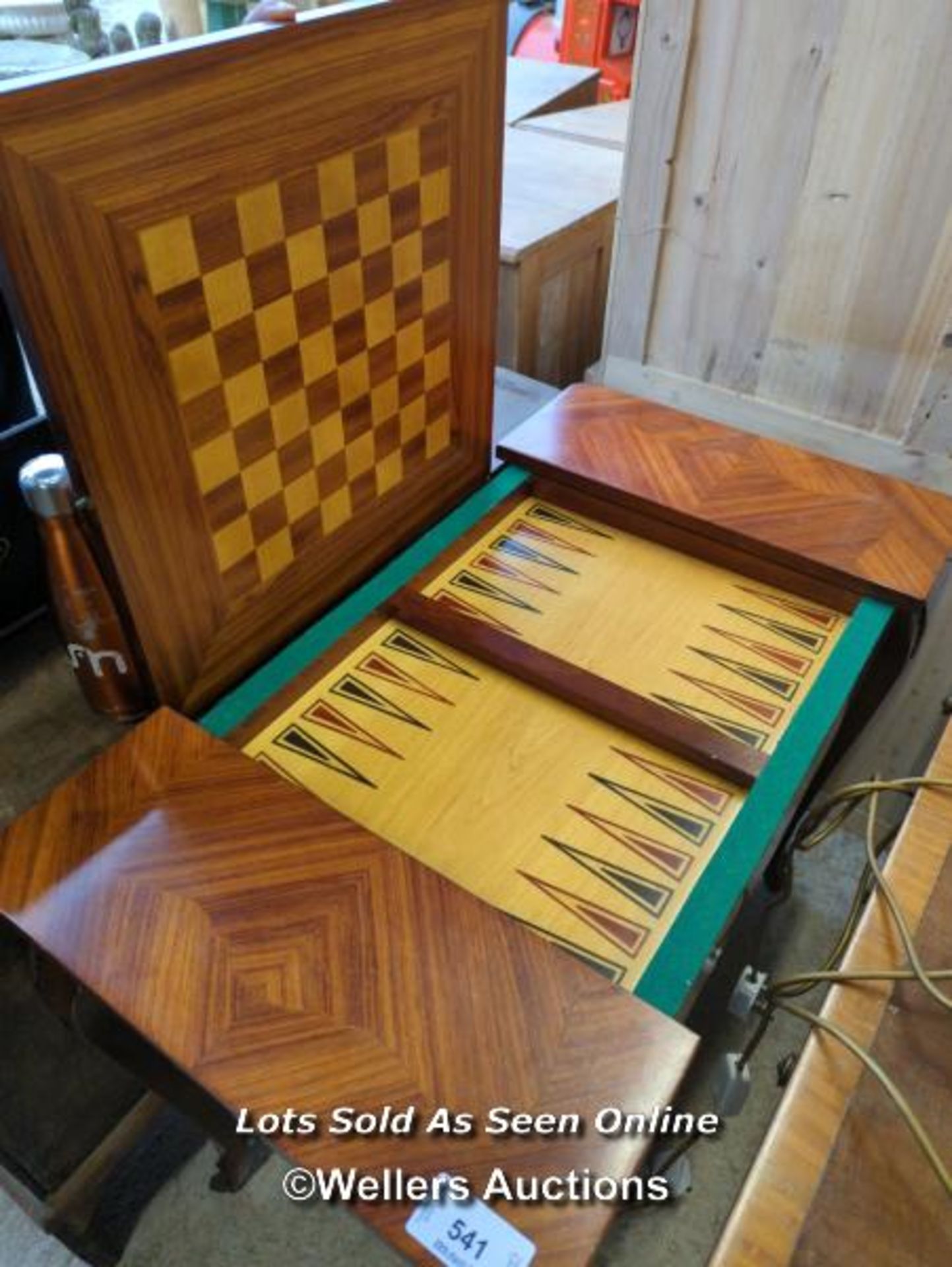 *INLAID VENEER GAMES TABLE WITH ORNATE CLAWED FEET, 30 HIGH X 35 WIDE X 19.5 DEEP / ALL LOTS ARE