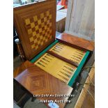 *INLAID VENEER GAMES TABLE WITH ORNATE CLAWED FEET, 30 HIGH X 35 WIDE X 19.5 DEEP / ALL LOTS ARE