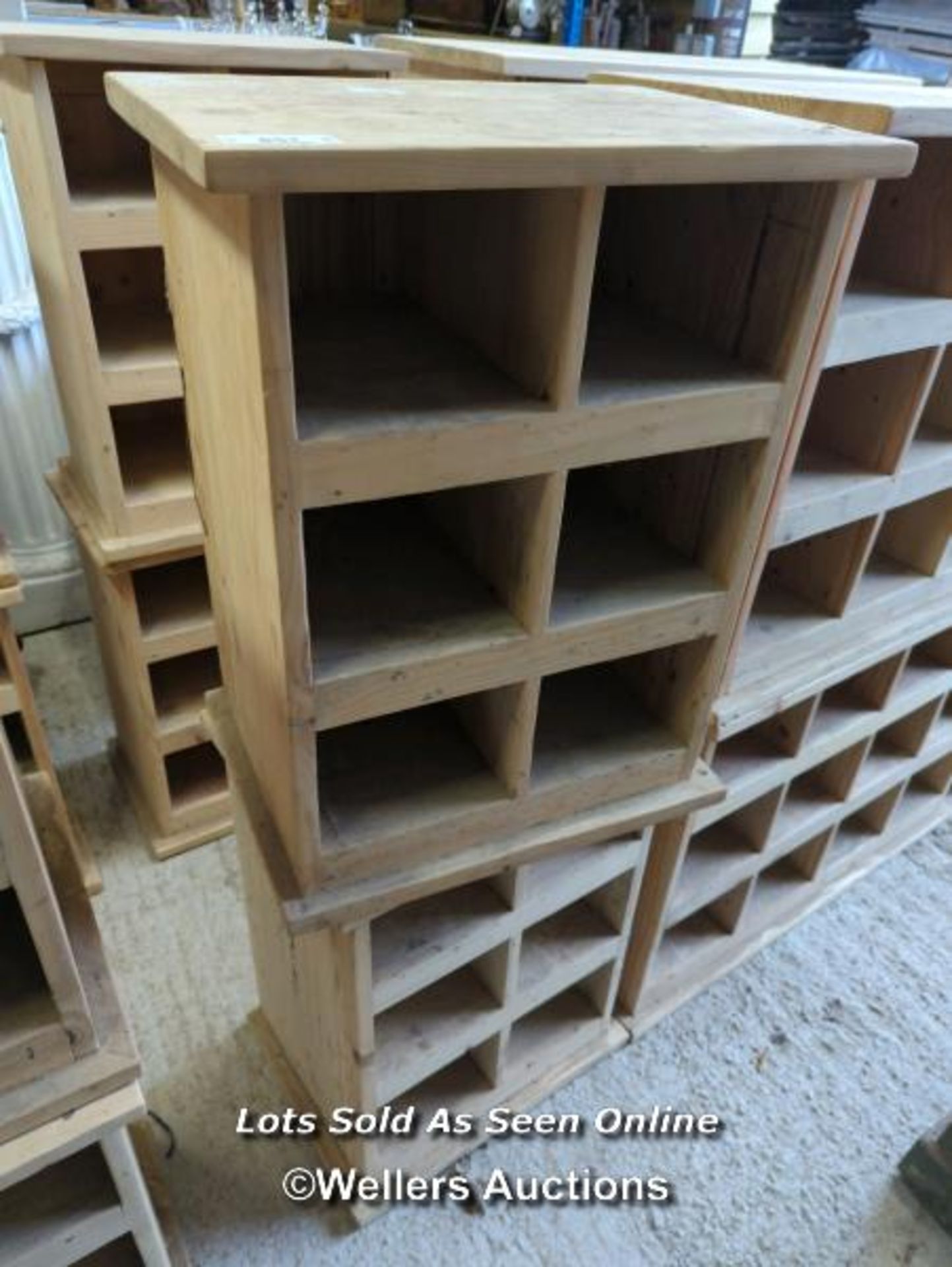 *PAIR OF PINE STORAGE SHELVES WITH SIX COMPARTMENTS, 26 HIGH X 19.5 WIDE X 15 DEEP / ALL LOTS ARE