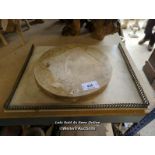 *TWO WHITE MARBLE CIRCULAR CHOPPING BOARDS, 14 INCHES DIAMETER, TOGETHER WITH ONE SQUARE CHOPPING