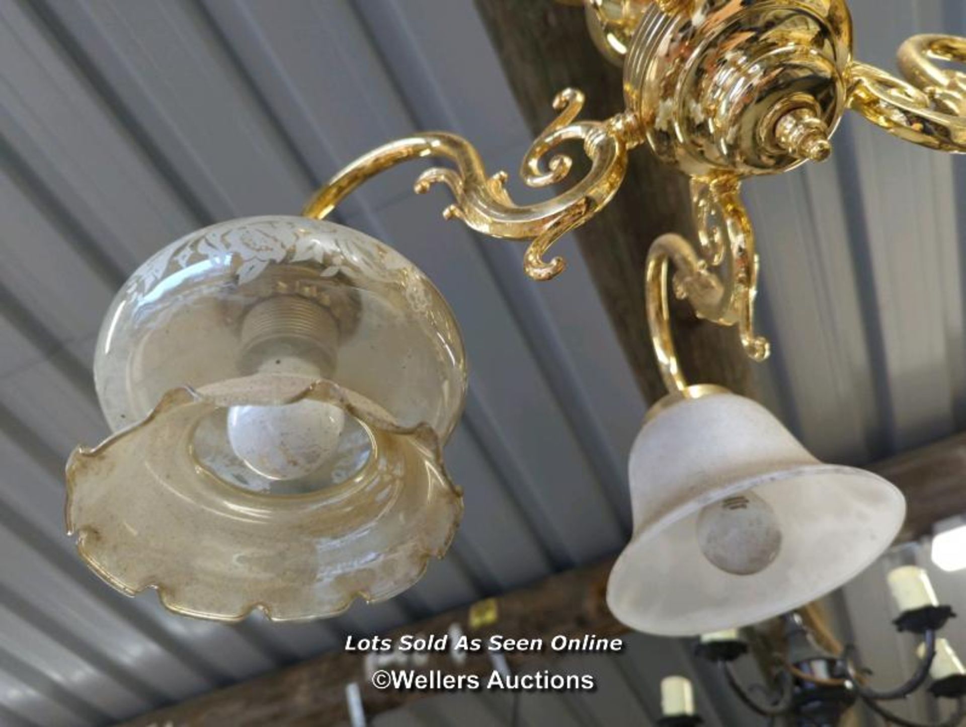 *FIVE BRANCH CHANDELIER WITH ASSORTED SHADES, 15 INCHES HIGH / ALL LOTS ARE LOCATED AT AUTHENTIC - Image 2 of 2
