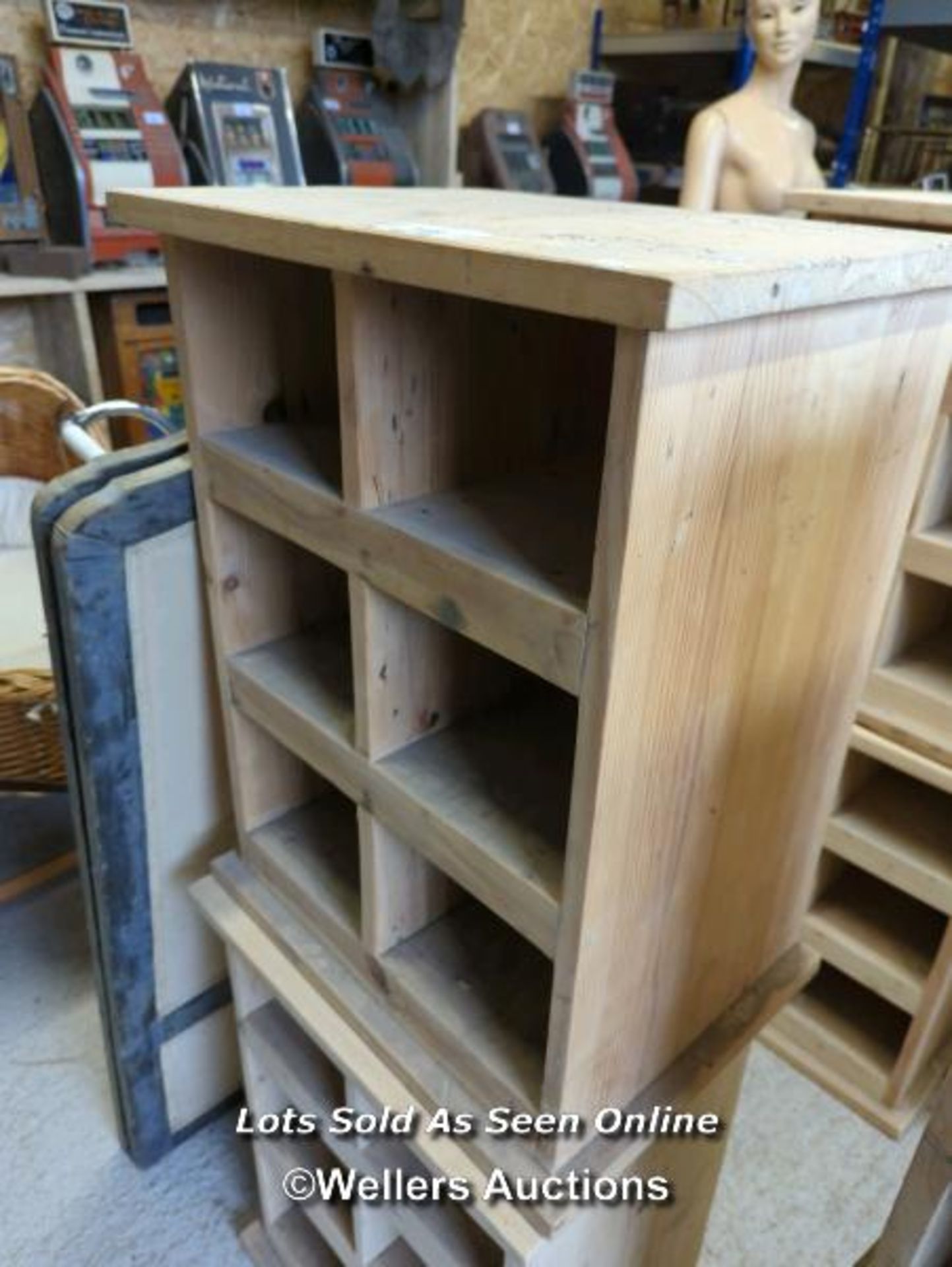 *PAIR OF PINE STORAGE SHELVES WITH SIX COMPARTMENTS, 26 HIGH X 19.5 WIDE X 15 DEEP / ALL LOTS ARE - Image 2 of 2