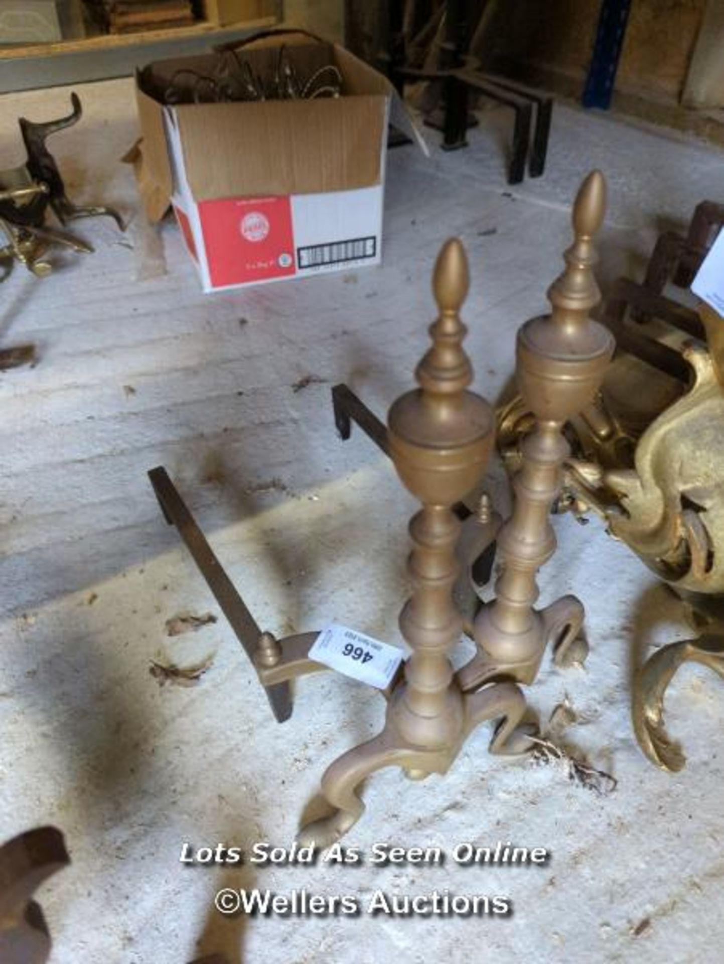 *PAIR OF BRASS AND IRON FIRE DOGS, 17 HIGH X 15 LONG / ALL LOTS ARE LOCATED AT AUTHENTIC RECLAMATION