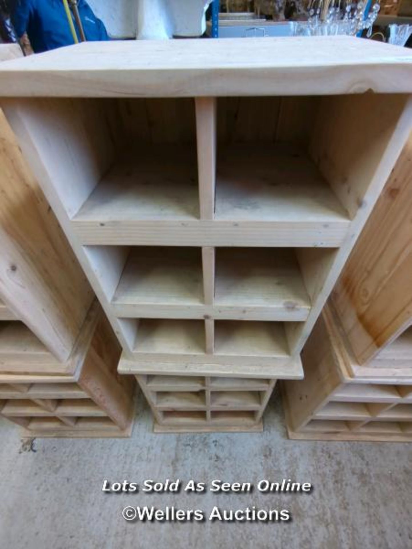 *PAIR OF PINE STORAGE SHELVES WITH SIX COMPARTMENTS, 26 HIGH X 19.5 WIDE X 15 DEEP / ALL LOTS ARE - Image 2 of 3