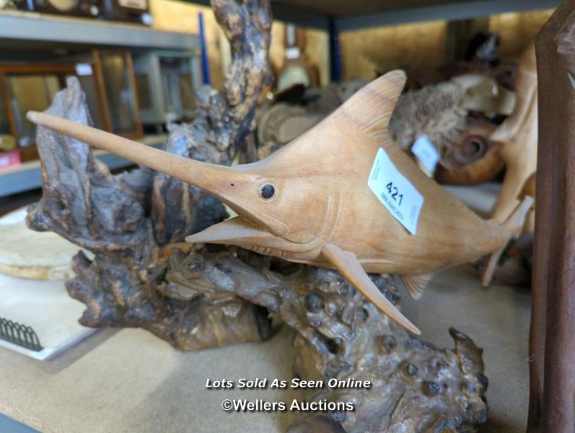 *WOODEN SWORDFISH ON DECORATIVE TREE STUMP STAND, TOGETHER WITH TWO OTHERS / ALL LOTS ARE LOCATED AT - Image 2 of 2