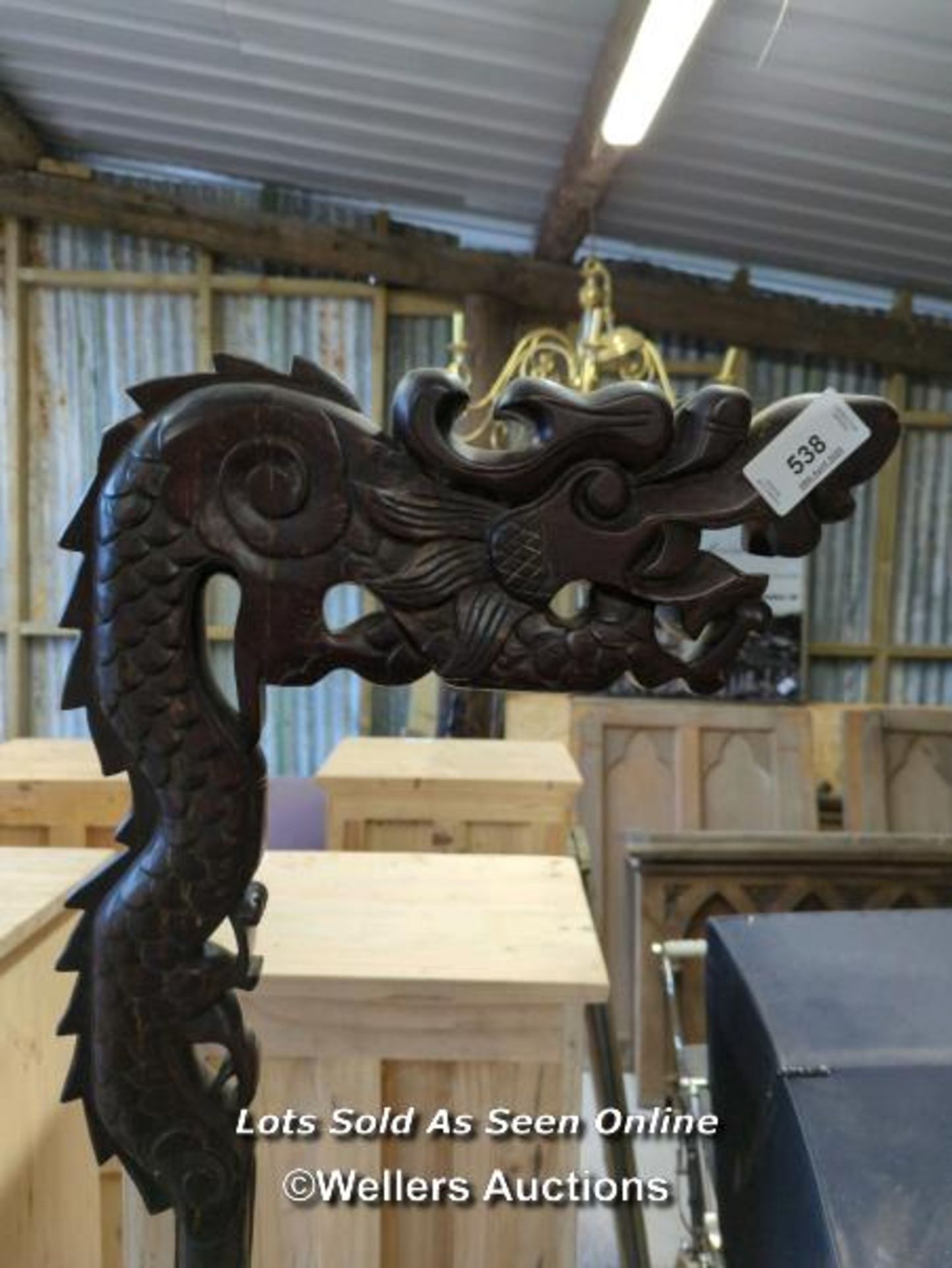 *CARVED WOODEN ORNATE DRAGON ON STAND, NEEDS A SMALL REPAIR, 72 INCHES HIGH / ALL LOTS ARE LOCATED - Image 2 of 4