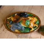 *MAJOLICA GAME PIE TUREEN AND COVER DECORATED WITH RABBIT, MALLARD, AND PIGEON TOGETHER WITH A