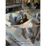 *WOODEN SWORDFISH ON DECORATIVE TREE STUMP STAND, TOGETHER WITH TWO OTHERS / ALL LOTS ARE LOCATED AT