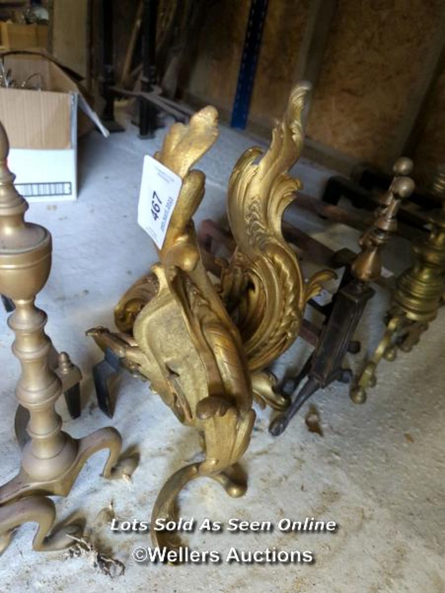 *PAIR OF BRASS GILDED ORNAMENTAL FIRE DOGS, 17 HIGH X 11 LONG / ALL LOTS ARE LOCATED AT AUTHENTIC