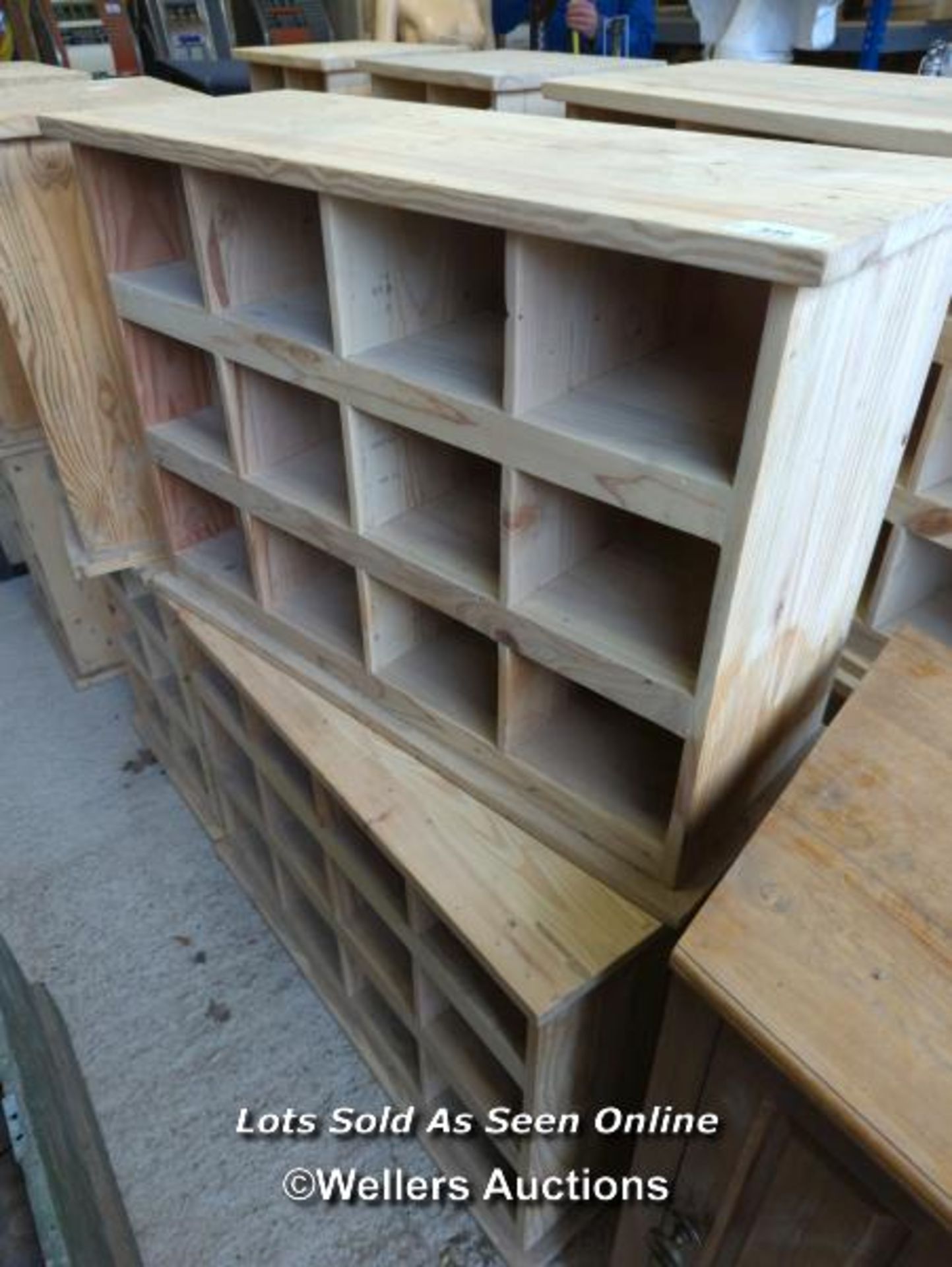 *PAIR OF PINE STORAGE SHELVES WITH TWELVE COMPARTMENTS, 26 HIGH X 38 WIDE X 15 DEEP / ALL LOTS ARE - Image 3 of 3