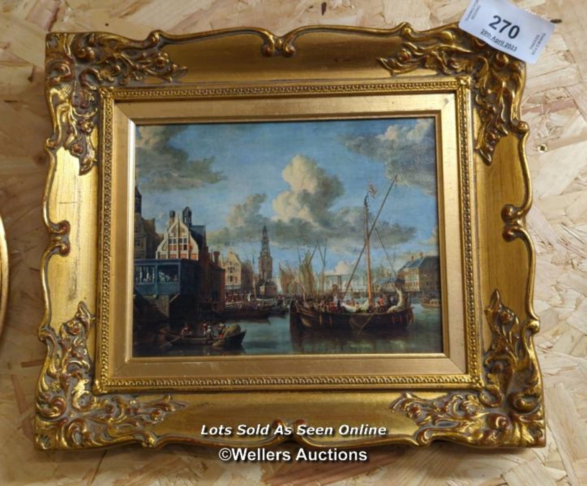 *GILT EDGE FRAME AND PAINTING DEPICTING HARBOUR SCENE, 15 X 12 / ALL LOTS ARE LOCATED AT AUTHENTIC