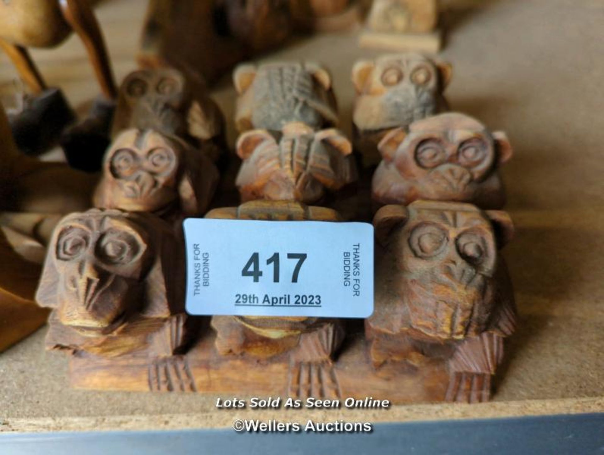 *THREE SETS OF THREE WOODEN 'HEAR NO EVIL, SEE NO EVIL, SPEAK NO EVIL' MONKEYS / ALL LOTS ARE