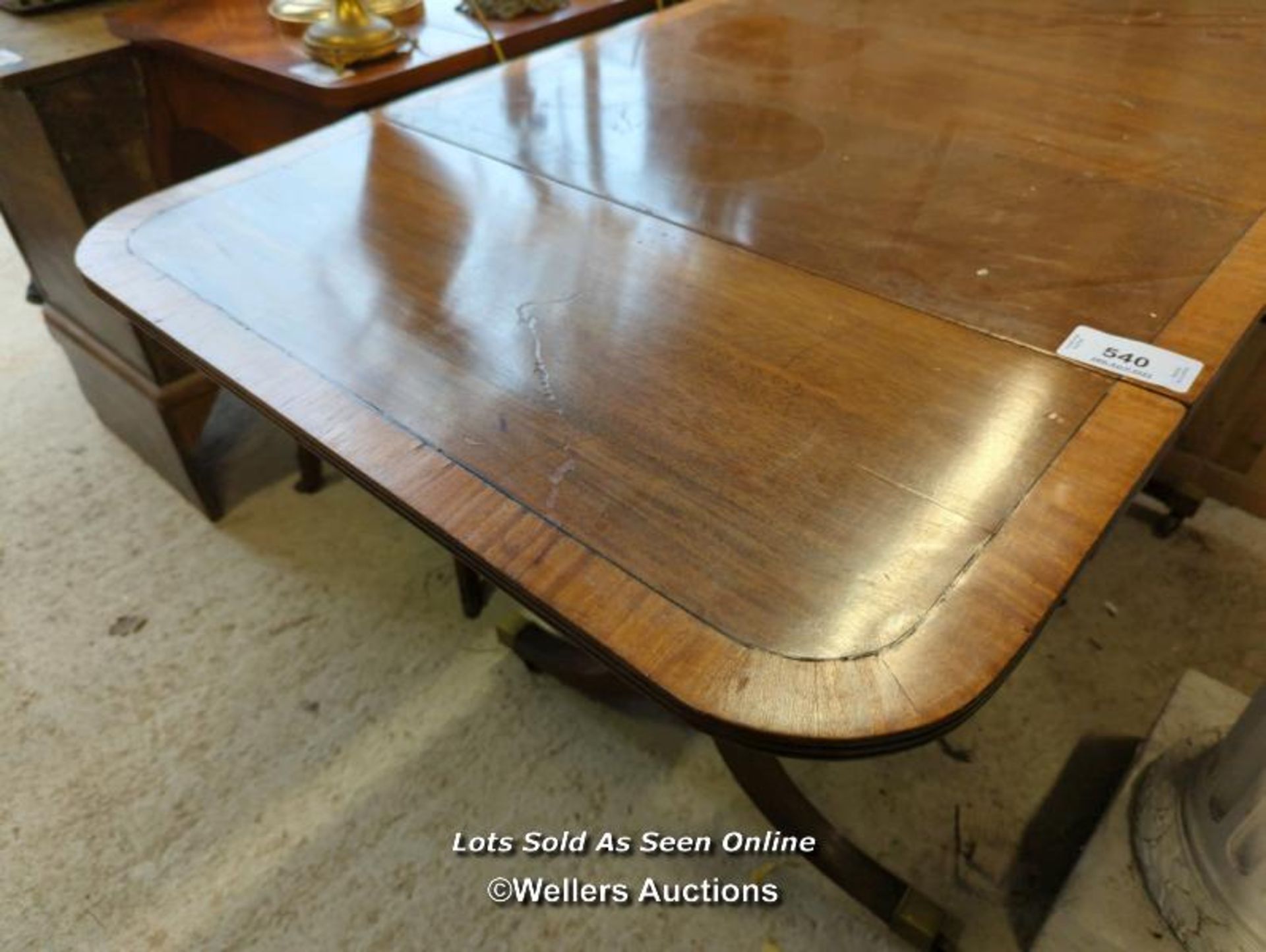 *MAHOGANY DROP LEAF TABLE WITH FOUR DRAWERS AND CASTORS ON FEET, 29.5 HIGH X 58 LONG WITH OPEN LEAFS - Image 3 of 4