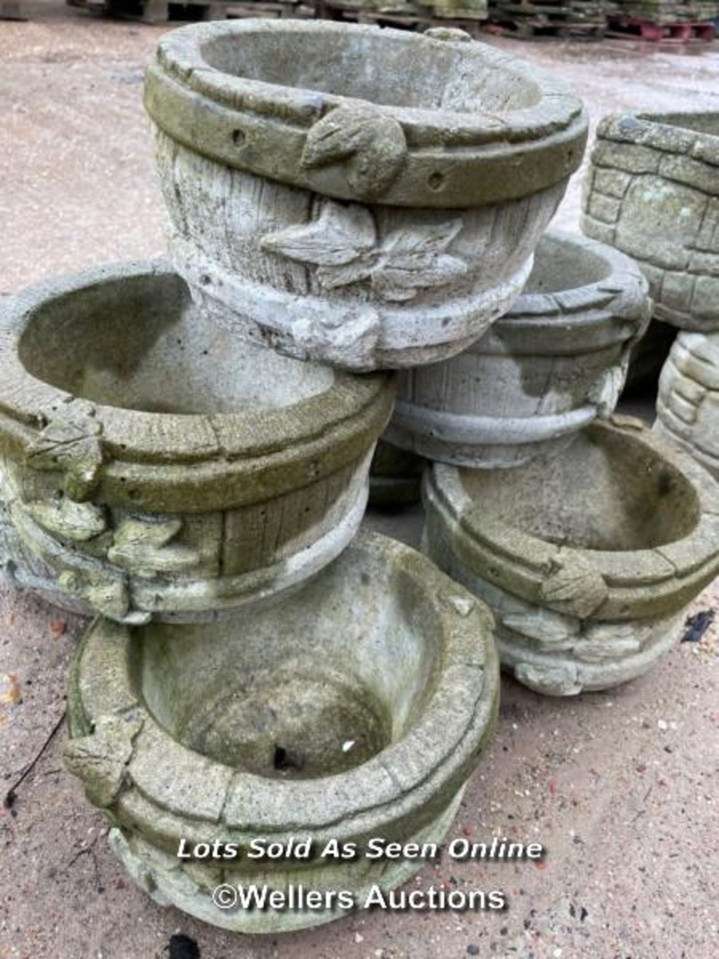 *SEVEN BARREL STYLE PLANTERS, ALL APPROX 5 HIGH X 9 DIAMETER / ALL LOTS ARE LOCATED AT AUTHENTIC - Image 2 of 2