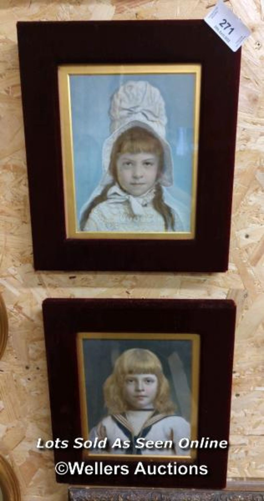 *TWO VELVET FRAMED AND GLAZED PAINTINGS OF CHILDREN, 13 X 15 / ALL LOTS ARE LOCATED AT AUTHENTIC