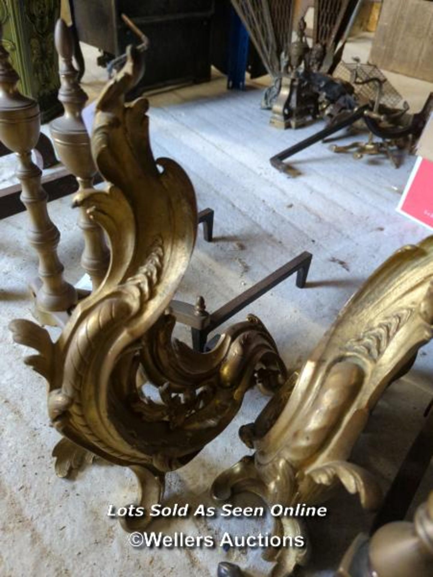 *PAIR OF BRASS GILDED ORNAMENTAL FIRE DOGS, 17 HIGH X 11 LONG / ALL LOTS ARE LOCATED AT AUTHENTIC - Image 2 of 2