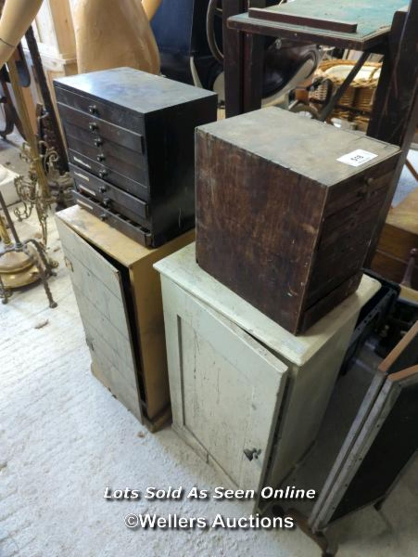 *FOUR VARIOUS WOODEN STORAGE CUPBOARDS INCLUDING PRINTING PRESS AND LETTERS / ALL LOTS ARE LOCATED