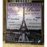 *LARGE METAL FRAME WITH PRINT DEPICTING THE AREAS OF PARIS, 44 HIGH X 36 WIDE / ALL LOTS ARE LOCATED