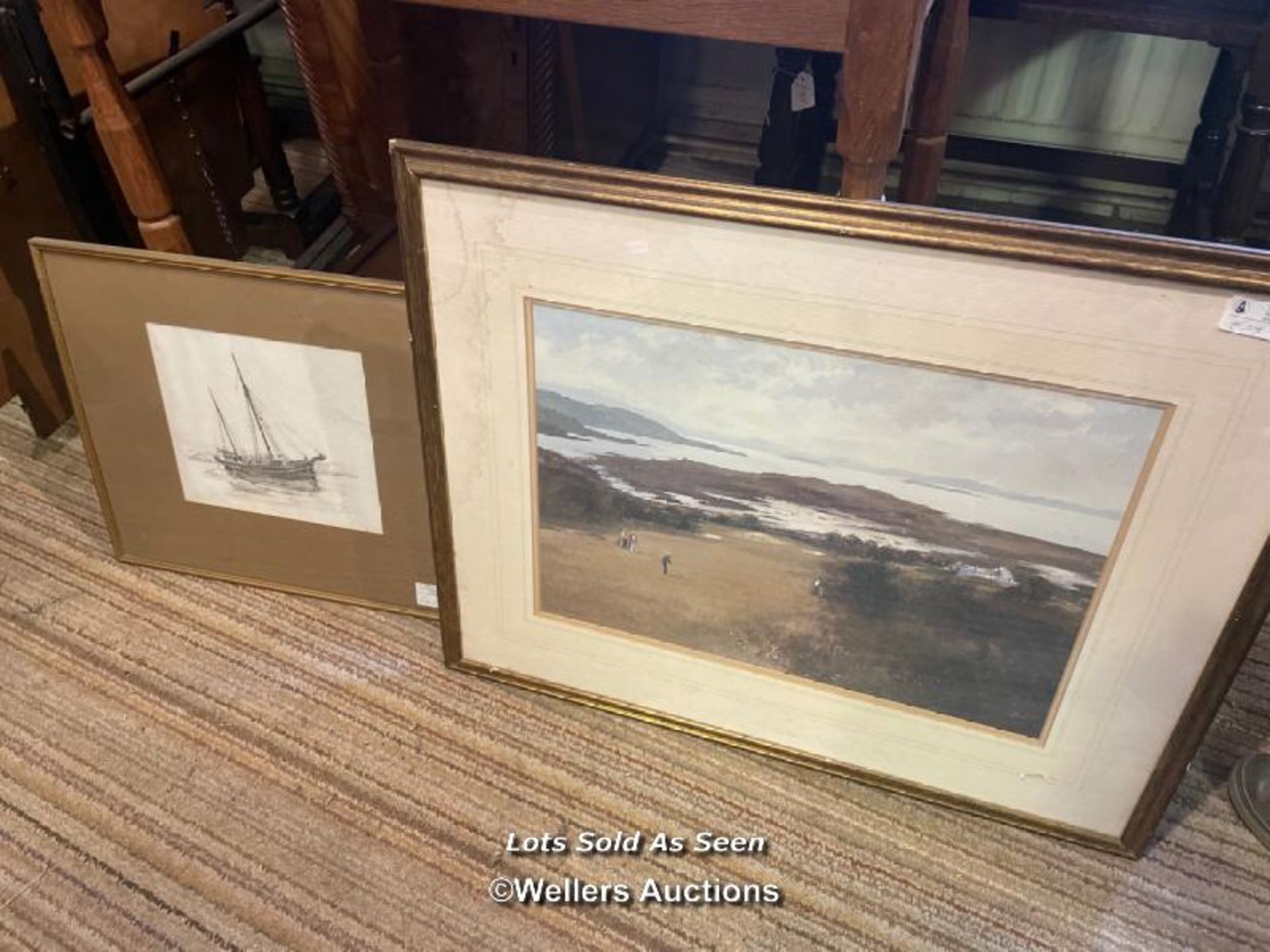 *TWO FRAMED AND GLAZED PRINTS, ONE OF A SHIP AND ONE OF A GOLF SCENE / LOCATED AT VICTORIA ANTIQUES,