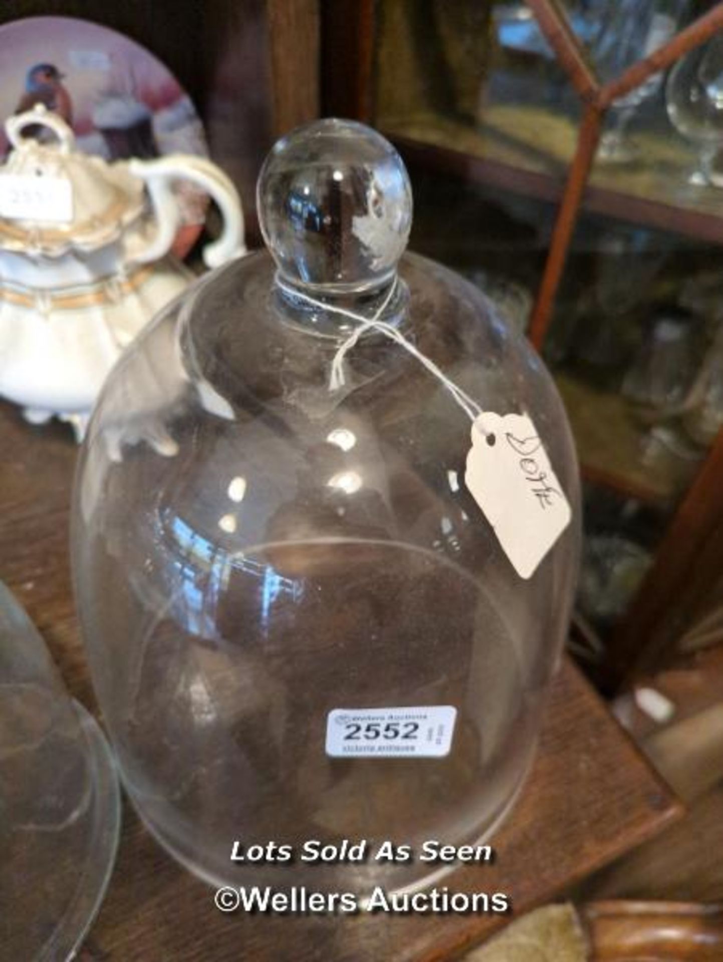 *TWO GLASS DOMES, DIAMETERS 22CM AND 18.25CM / LOCATED AT VICTORIA ANTIQUES, WADEBRIDGE, PL27 7DD - Image 2 of 3